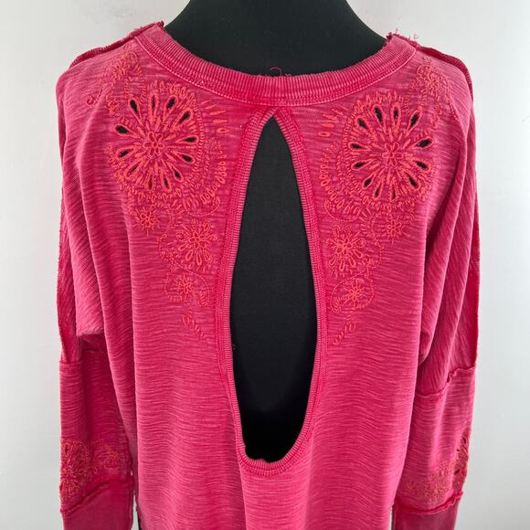 Free People Intimately Pink Long Sleeve Eyelet Back Cut-Out Cotton Top Size XS - Picture 7 of 9